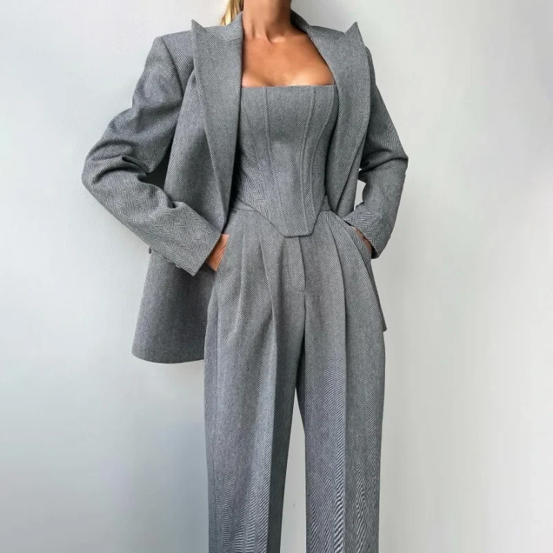 

Talenza Women's Blazer Three Piece Solid Slim Vest Loose Blazer High Waist Pants Suit Streetwear Casual Female Pants Suit 2025