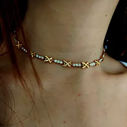 Round cz stone X chain choker necklace for women stainless steel dainty minimalist necklace french style high quality jewelry