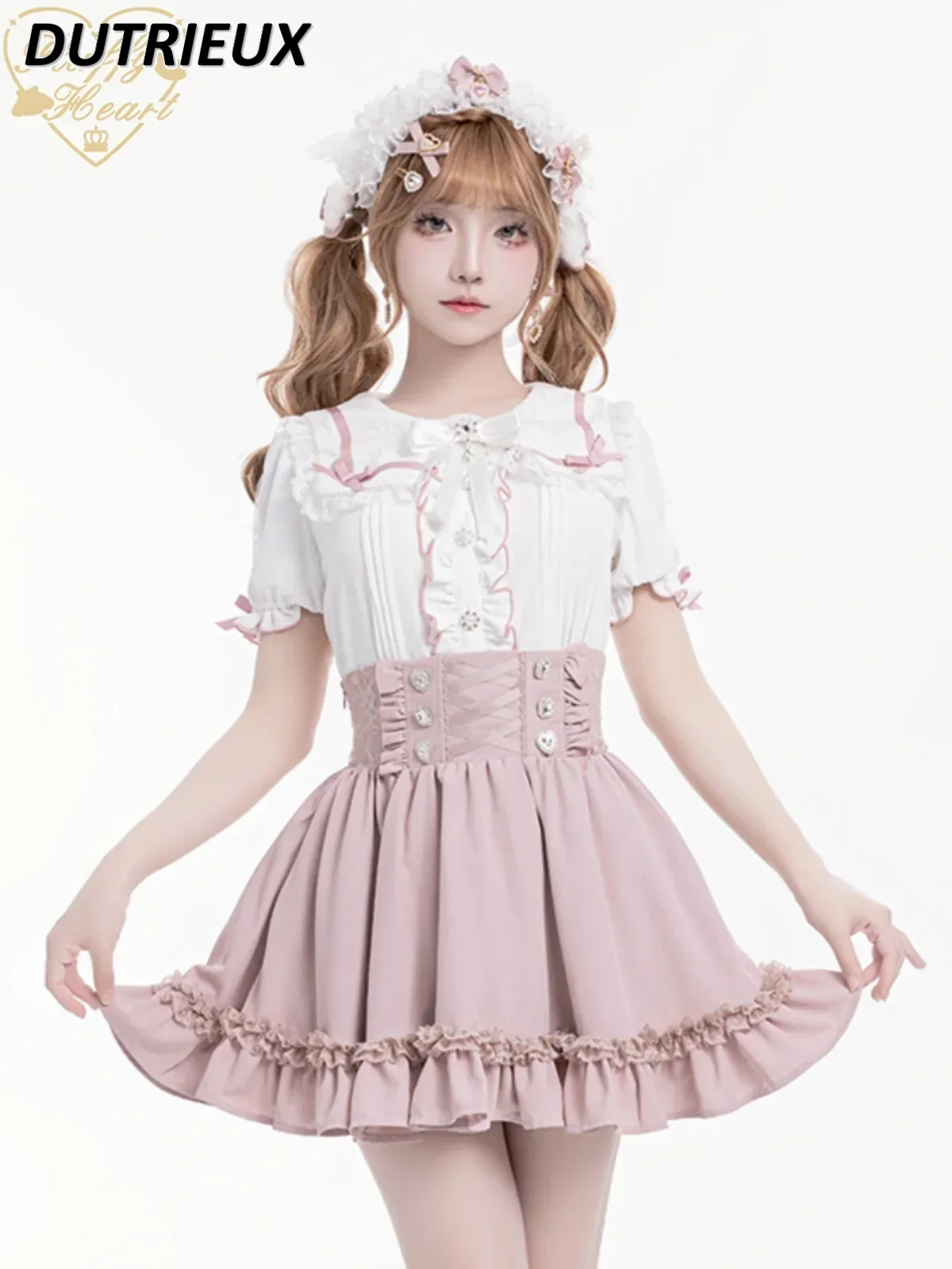 여름 새 일본 달콤한 소녀 블라우스 레이스 네이비 칼라 반팔 셔츠 다목적 싱글 브레스트 슬림 피팅 귀여운 탑