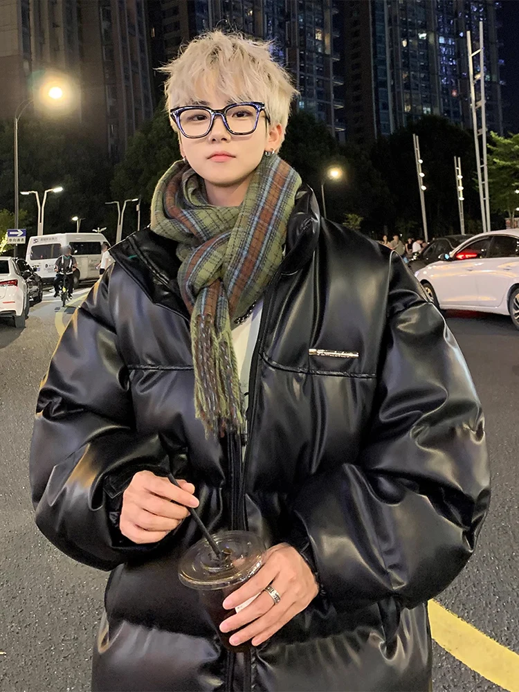 

Мужская зимняя куртка-пуховик из искусственной кожи Bla PU, модная, с воротником-стойкой, оверсайз, повседневная, молодежная, стильная