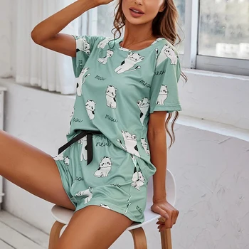 Vrouwen Pyjama Sets Korte Mouw Nachtkleding Top en Broek Nachtkleding 2-delige Pjs Loungewear Cartoon Print Pyjama Set Nachtkleding