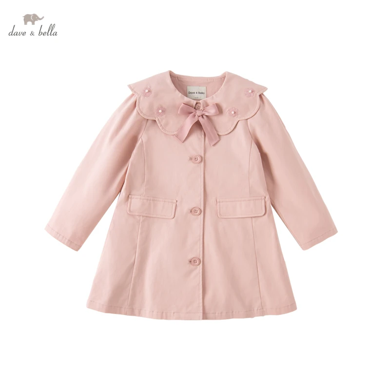 DK1231914 Dave Bella Spring Kids 5Y-15Y Girls Fashion Solid Bow collar  Button Pockets Children Cute Tops High Quality Outerwear