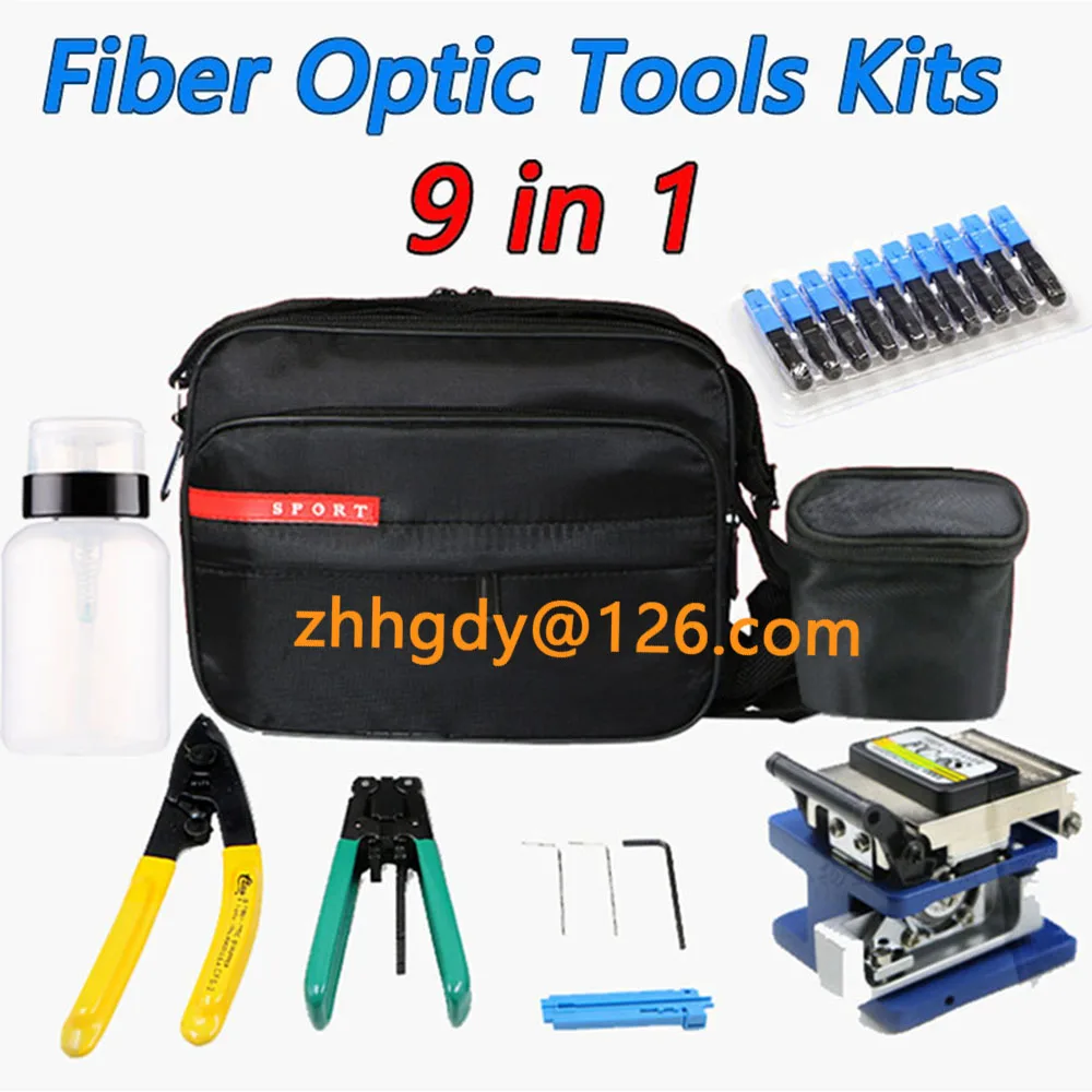 

Fiber Optic Tools Kits 9 in 1 FTTH Fiber Optic Tool Bag +Fiber Stripper+ fc-6s Fiber Cleaver+ Miller+10PCS SC UPC Fast Connector