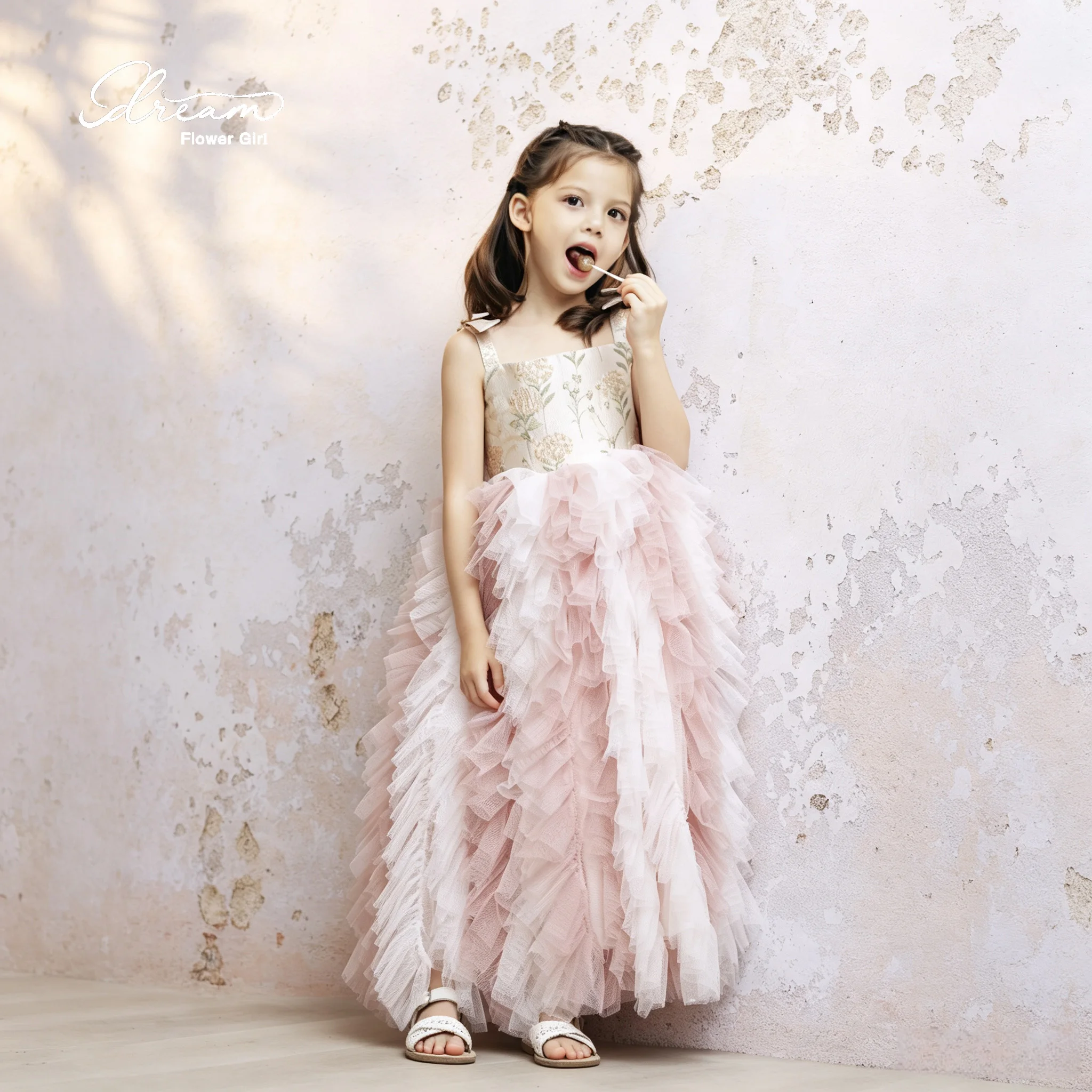Pink Vintage Floral Print Strap Cascading Ruffle Tulle Flower Girl Gown Toddler Baptism Wedding Birthday Long Princess Dress