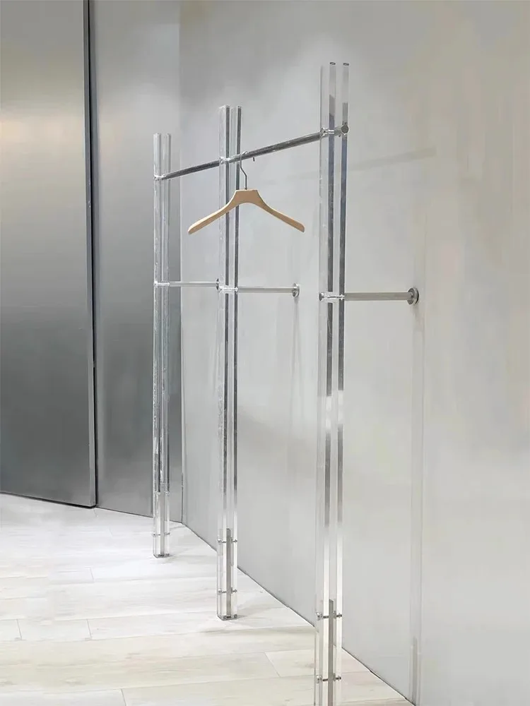 Clothing Store Display Rack Wall Stainless Steel Shelf Acrylic Floor Rack Display Hanging Hanger Silver