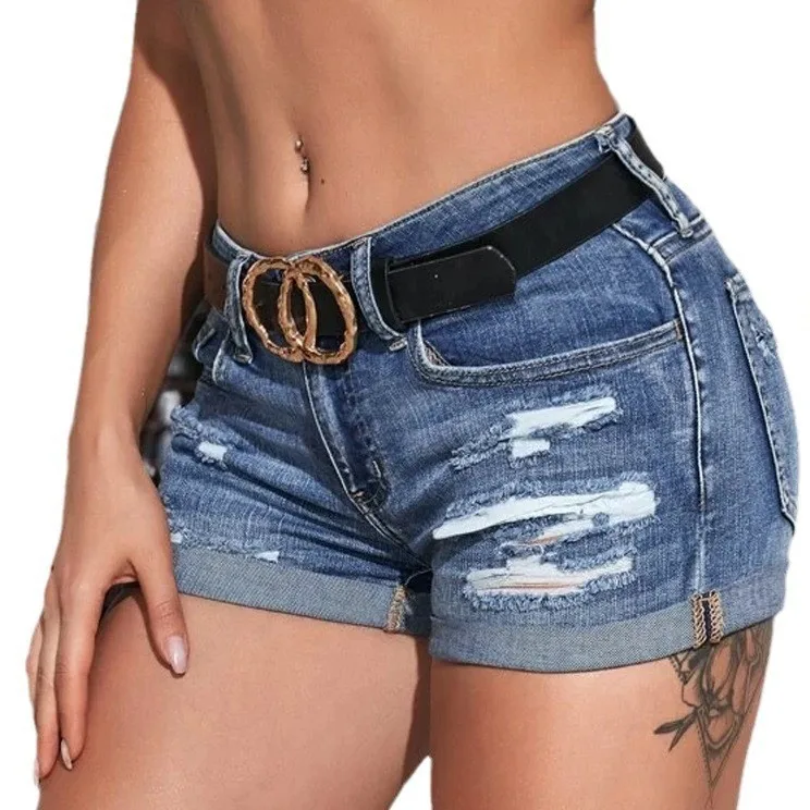 High Waist Washed Denim Shorts Distressed Skinny Ripped Cuffed Blue Jeans Short Pants Button Fly Casual Short Jeans view 4