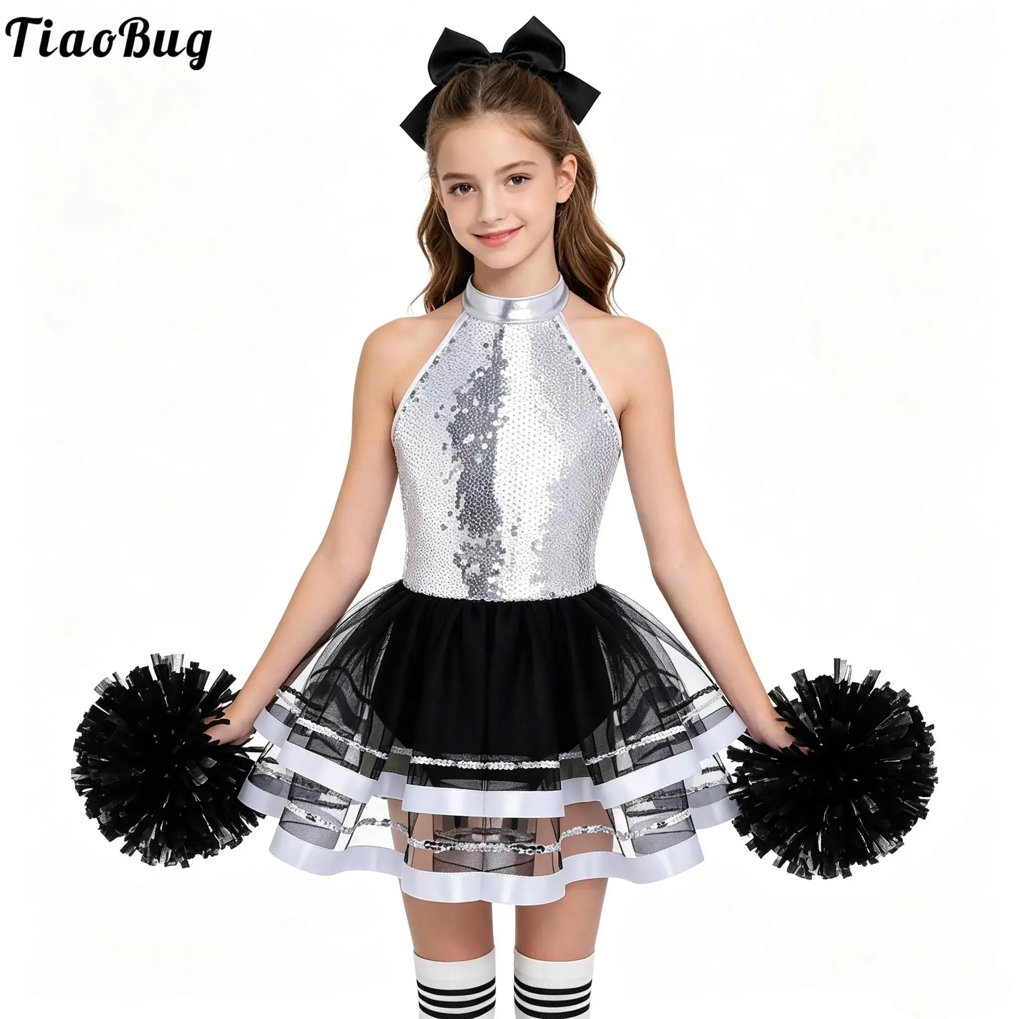Cheerleading Outfit for Girls Cheerleader Cosplay Costume Sleeveless Halter Shiny Sequins Tulle Tutu Dress Cheer Uniform Pompoms