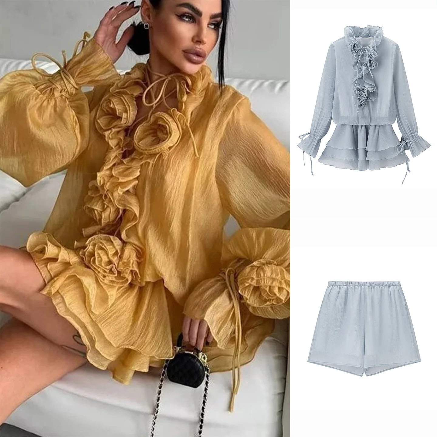 

Romantic Sle ort Svel Dr Set with Stand Collar Lantern Long Sve Flower Decorated Dr for Women Autumn ...