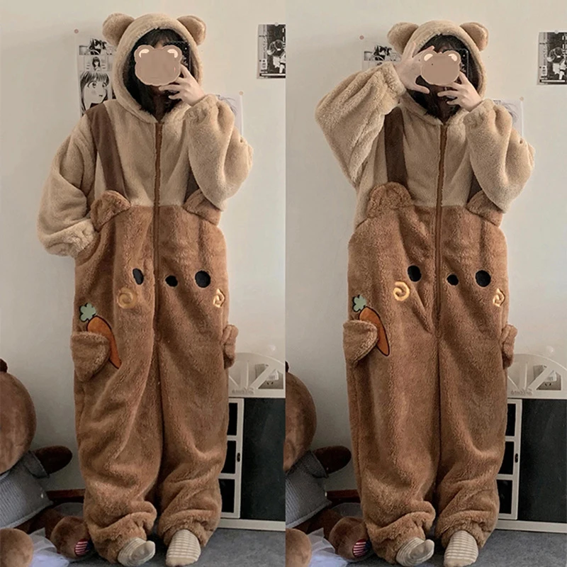 Lady\'s Winter One-Piece Cartoon Carrot Bear Pajamas With Two Round Ears Polyester Warm Hairy Cute Zipper Type Sleepwear Cosplay