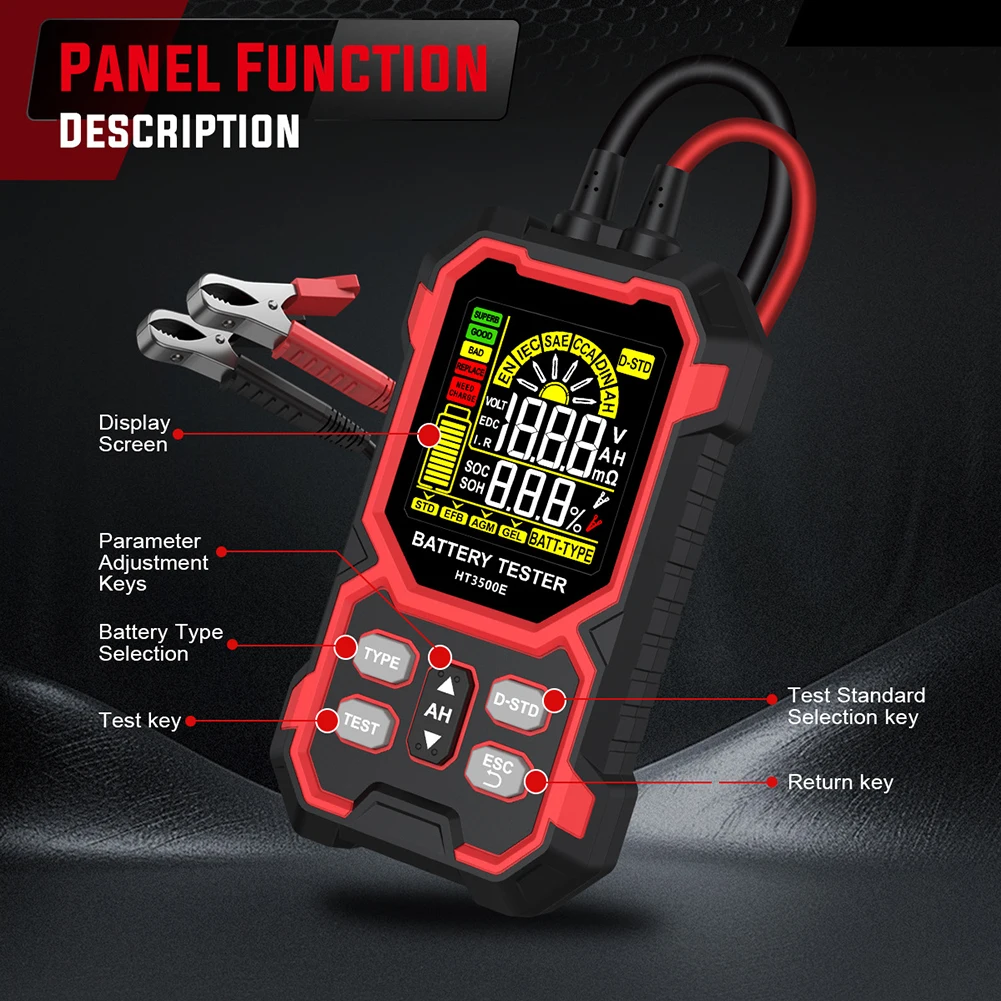 HT3500E Battery Capacity Tester for 12V 24V Automotive Batteries with Digital LCD Display and Charging Status Check
