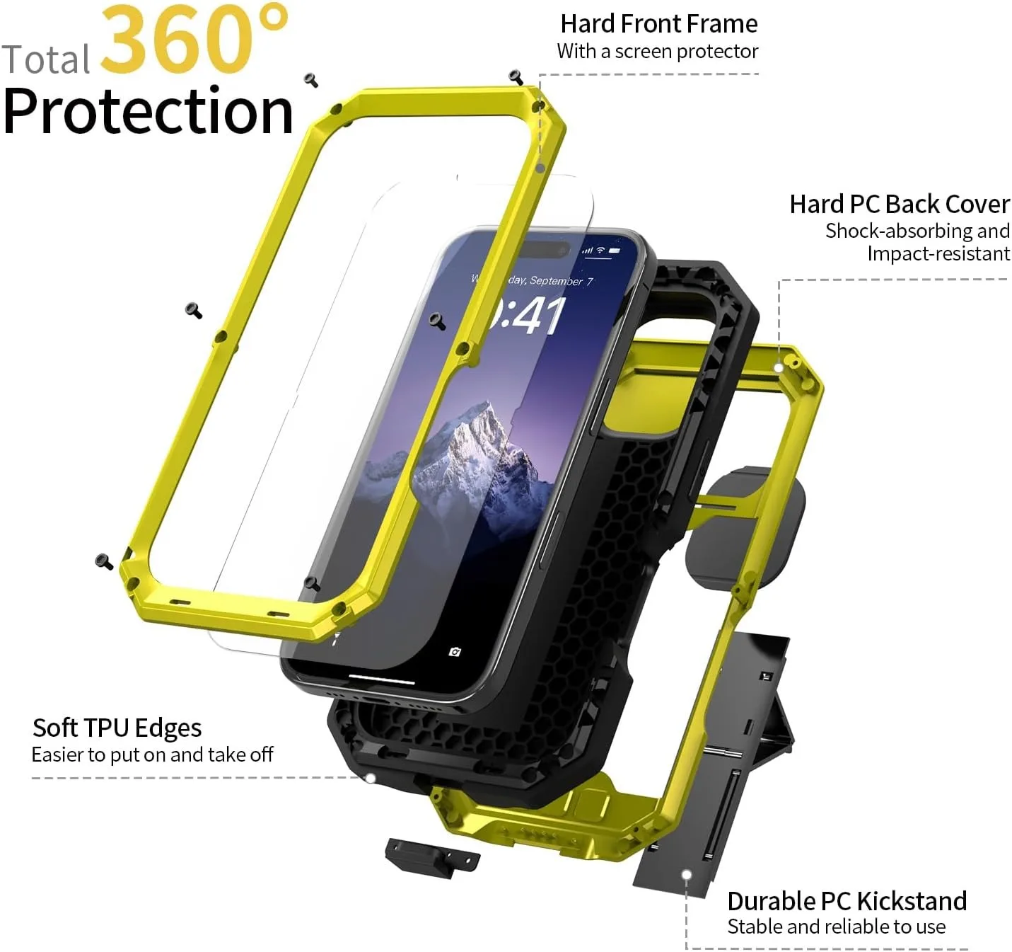 غطاء كاميرا حافظة معدنية لهاتف آيفون 16e 16 15 14 Plus 13 Pro Max مقاوم للصدمات وعرة حماية الشاشة غطاء عسكري عالي التحمل