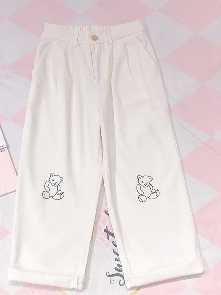 

KIMOKOKM Kawaii Girl Cute Bear Printing Women Pants High Waist Loose Thin Trousers Elastic Waist Basis Wild Casual Student Pant