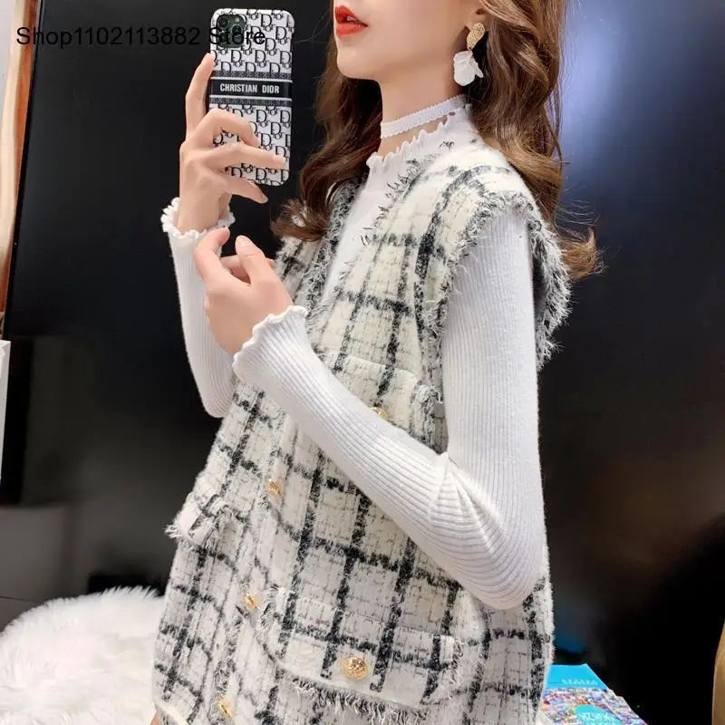 Female Vest Outerwear Tops Women Single-Breasted Tweed Woolen Vest Vintage V Neck Sleeveless