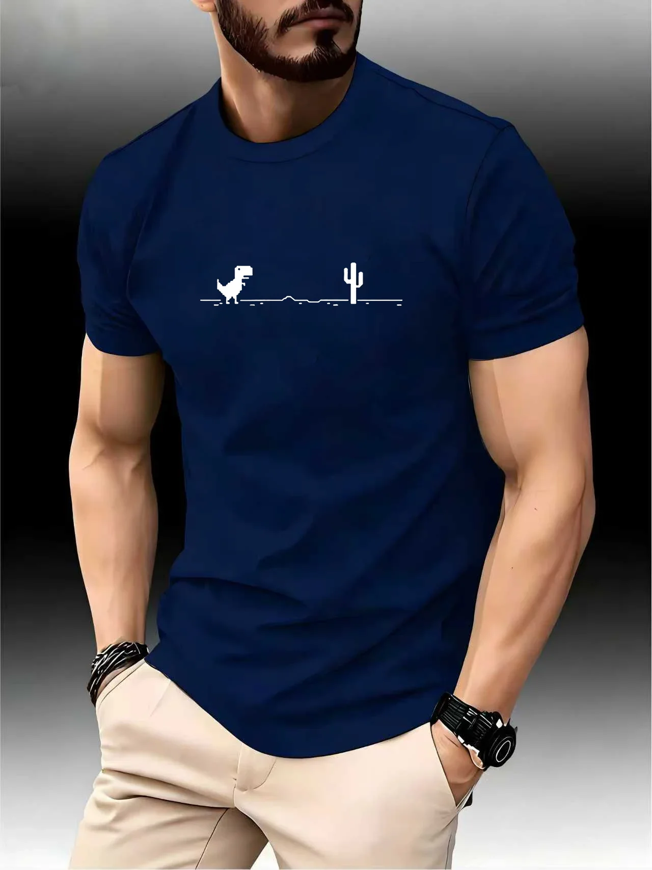 2026 Men's Breathable Quick-Dry Short Sleeve T-Shirt Printed Little Dinosaur for Marathon Fitness Running