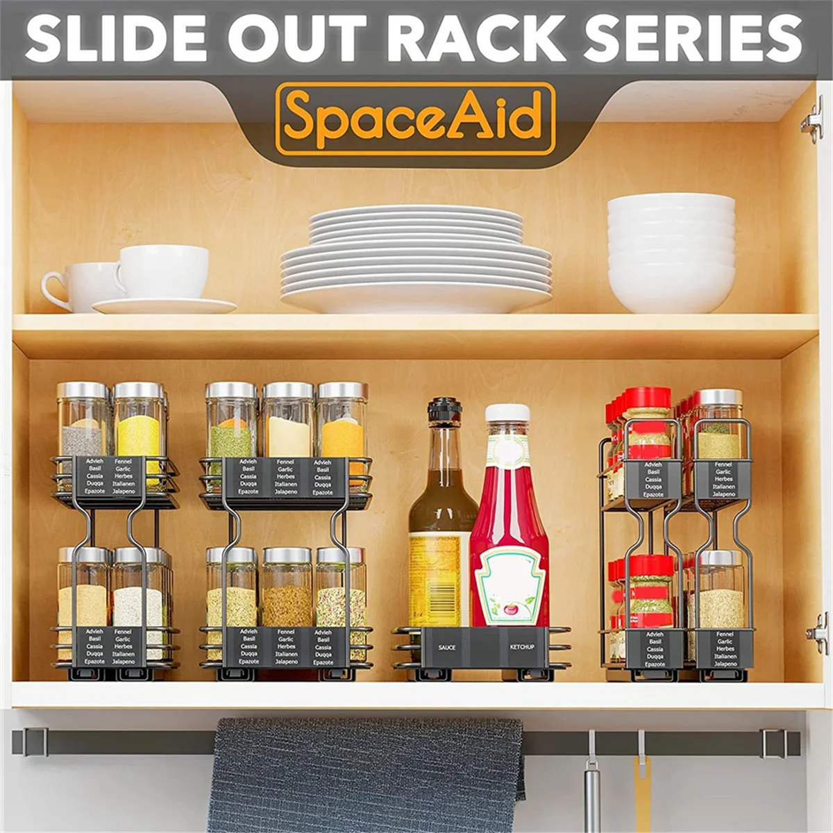 Spice Rack Organizer, 2-Tier Pull Out Seasoning Rack for Kitchen Cabinet, Spice Drawer Organizer Shelf for Small Space