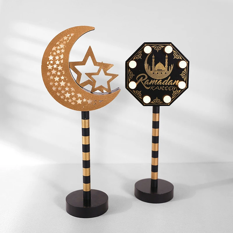 EID Mubarak Ramadan Wooden LED Lights Star And Moon Light Tabletop Ornaments Eid LED Light Candlestick Supplies Festival Decor