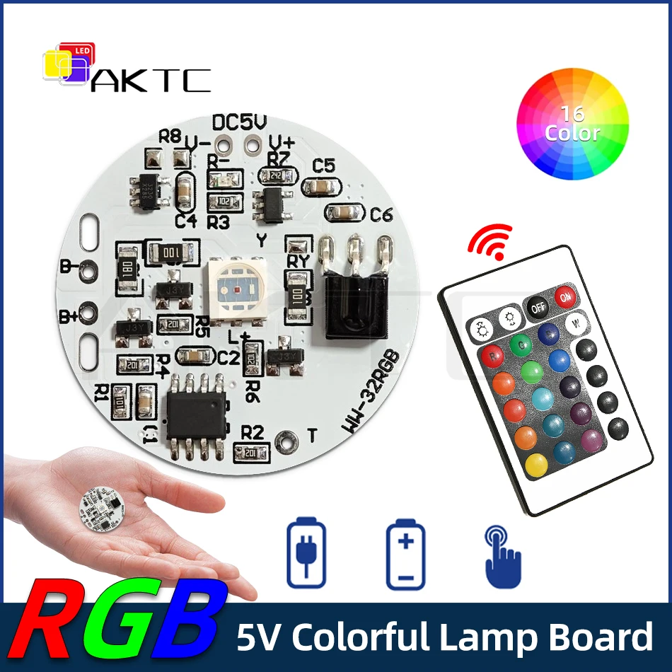 원형 LED 광원 RGB 라이트 보드, 저전압 DC 5V 호환 충전, 터치 스위치, 리모컨, 3.7V 배터리, 32mm 컬러