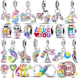 925 Sterling Silver Chameleon Charms Bead Colorful Sketchpad Dangle Zirconium Clip for Bracelet Necklace DIY Jewelry