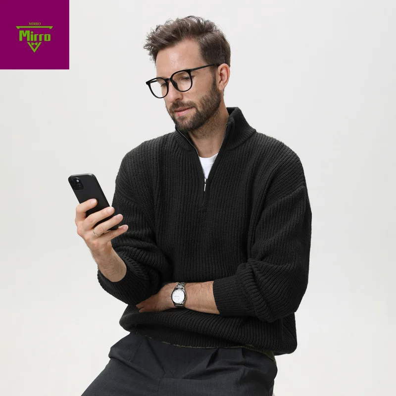 

【Mirrordust】Мужской осенне-зимний однотонный эластичный вязаный свитер на молнии до половины, деловой повседневный свободный свитер с воротником-стойкой