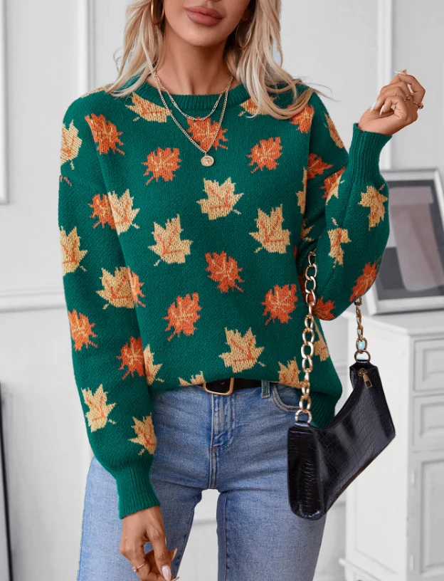 

Women's Sweater 2024 Autumn and Winter Maple Leaf Pattern Jacquard Printed Round Neck Long Sleeve Casual Pullover Sweater