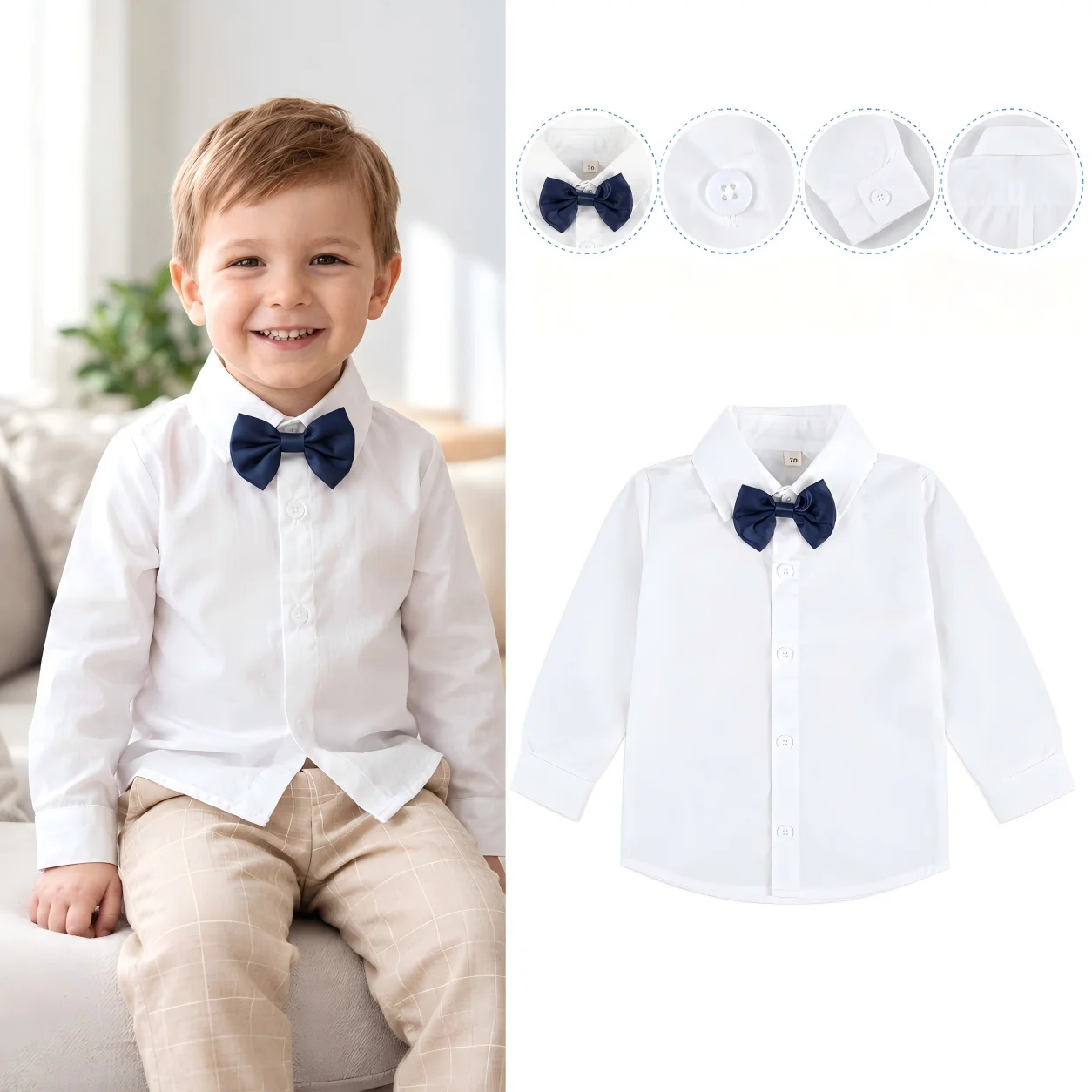 1 2 3 4 5 6 Years Classic White Shirt with Bow Boys Gentleman Long Sleeve Clothes Soft Cotton for Kids Daily Birthday Wear