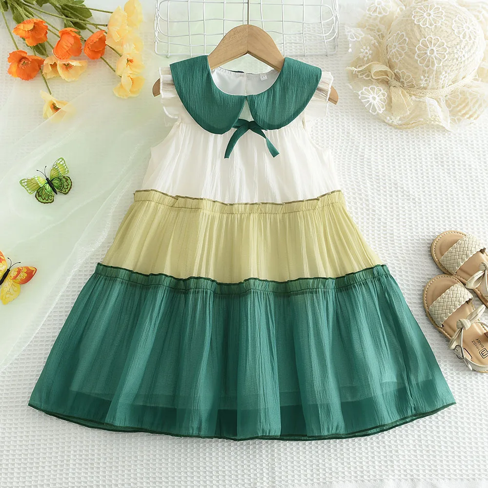 

2024 Summer New Arrival Girls Sleeveless Peter Pan Collar Mesh Green Cute Dress Infantil Menina Cute Party Dress Custume 2-6T