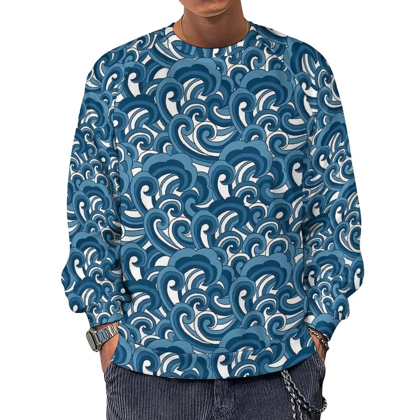 Stylised Blue Wave Print Casual Sweatshirts  Aesthetic O Neck Hoodies Autumn Long Sleeve Outerwear Oversize Hoodie Gift Idea