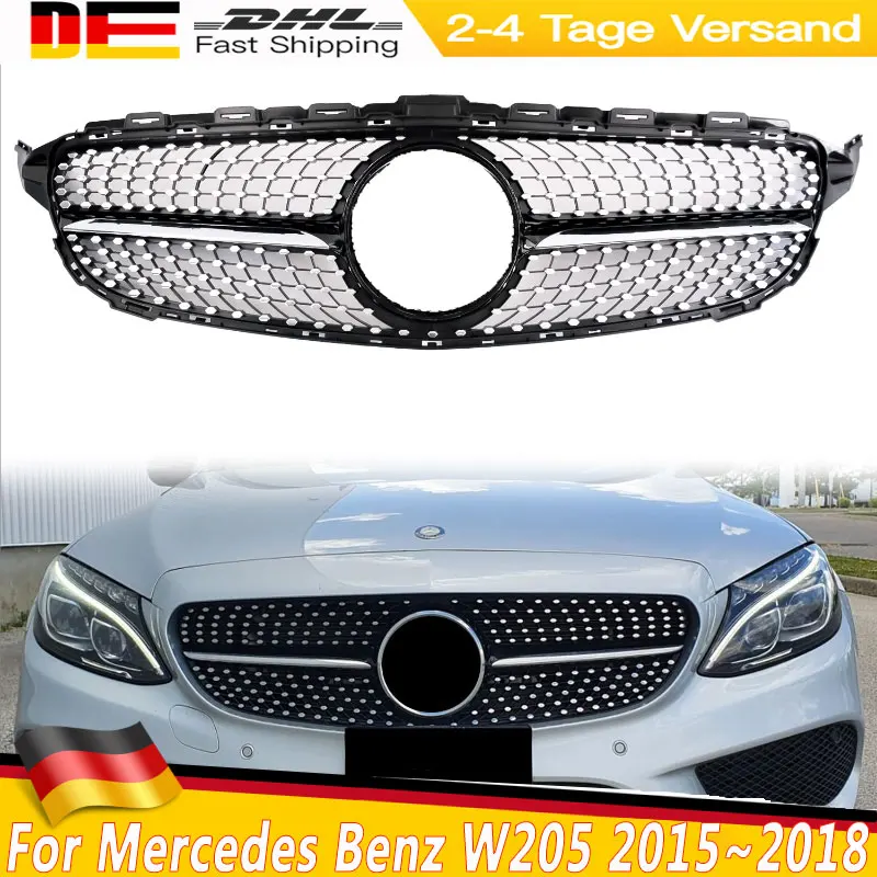 GT نمط المصد الأمامي مصبغة شواء لمرسيديز بنز C-CLASS W205 C180 C260 C300 C200 C250 2015 ~ 2018 AMG الماس نمط مصبغة