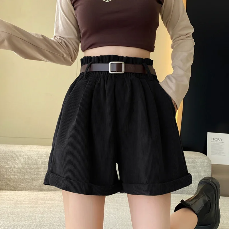 Autumn Winter Woman Corduroy Shorts With Belt 2024 Elastic Waist Loose Crimping Vintage Short Pants For Boots