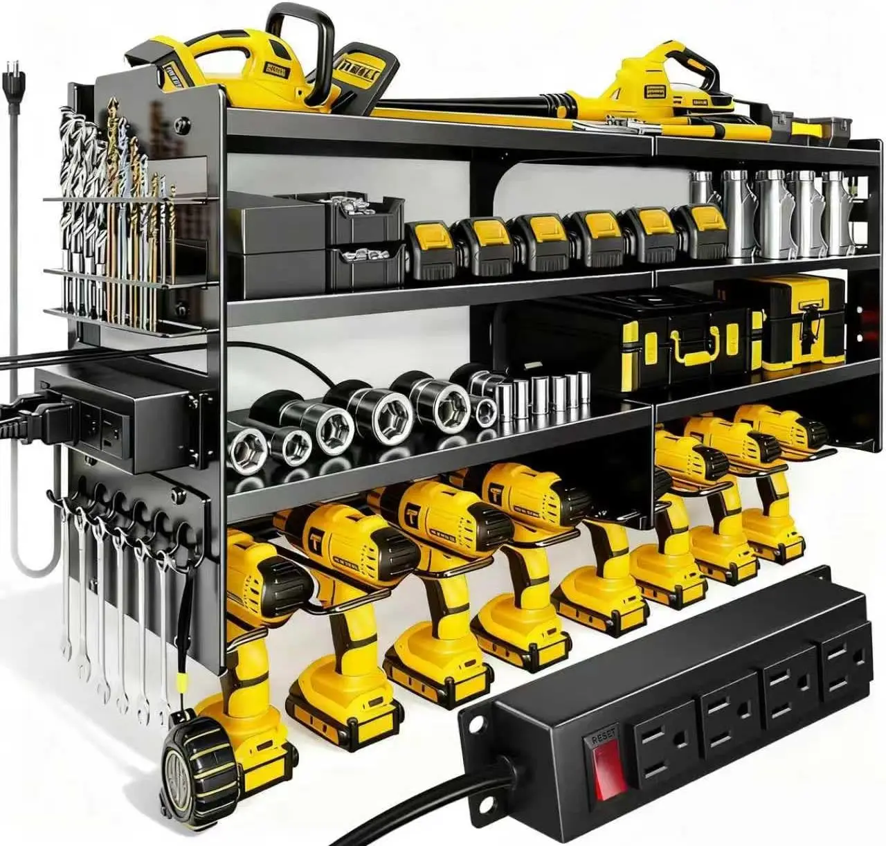 

Heavy Duty Power Tool Organizer Wall Mount with Charging Station, 4 Layer Storage Rack for Garage Workshop