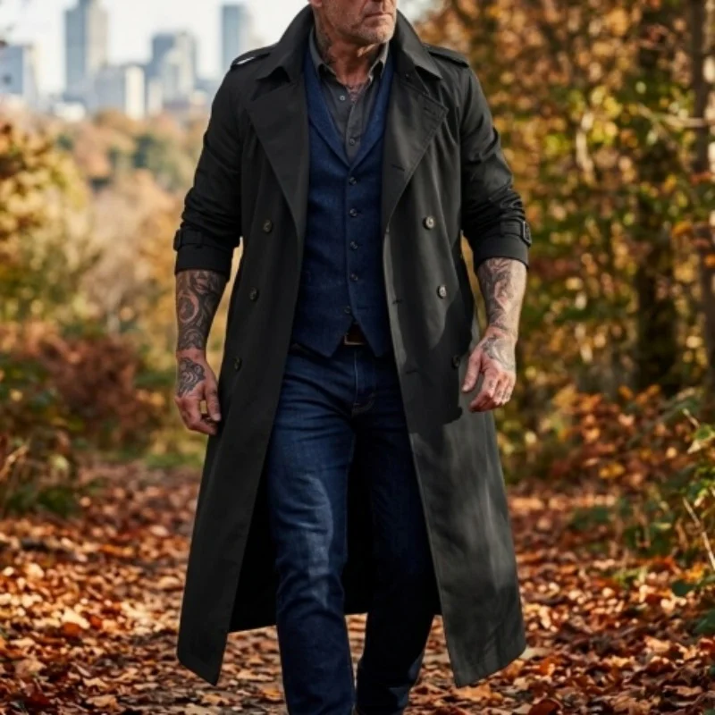 New Men’s Trench Coat Spring Autumn Outdoor Hiking Double-breasted Windproof; Casual Extra-long Windproof Windbreaker Jacket Man