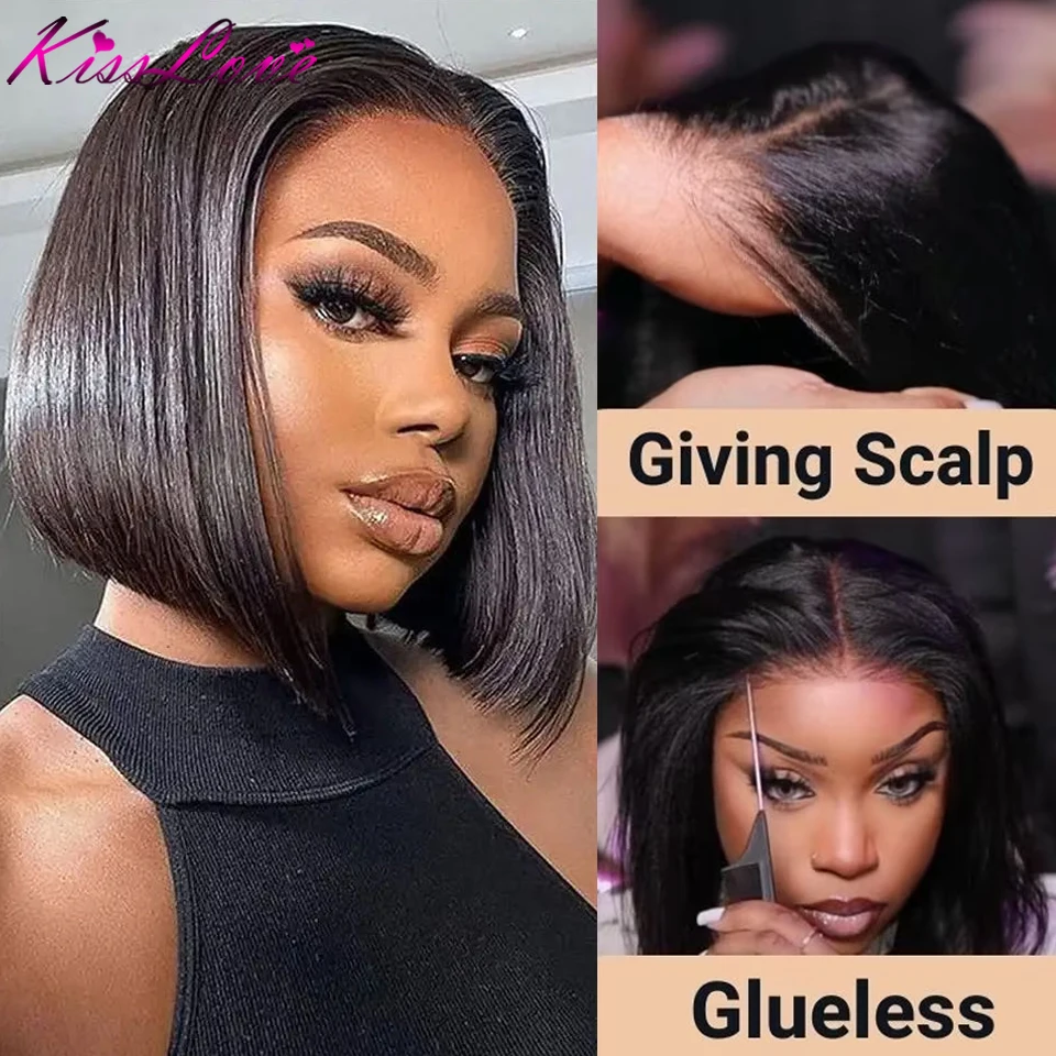 Pre-Bleached Invisible Knots Wig Human Hair Yaki HD 4x6/5x5 Glueless Short Bob Wigs Easy To Wear Kinky Straight Bob Wig KissLove