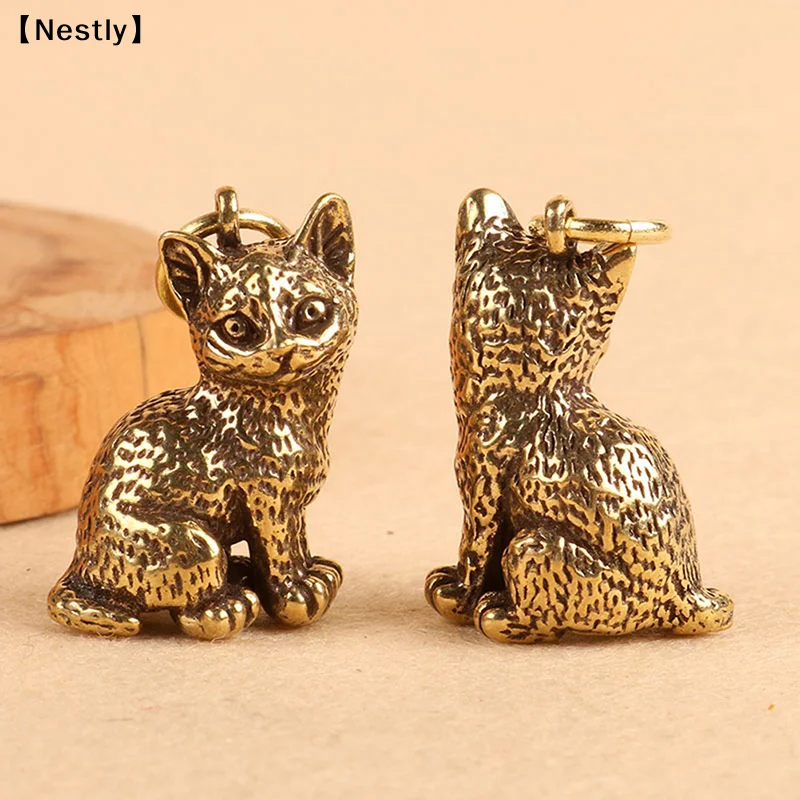 1PC Fashion Retro Pure Copper Cat Keychain DIY Hanging Accessories Jewelry Cute Keyring Pendant〔Nest〕