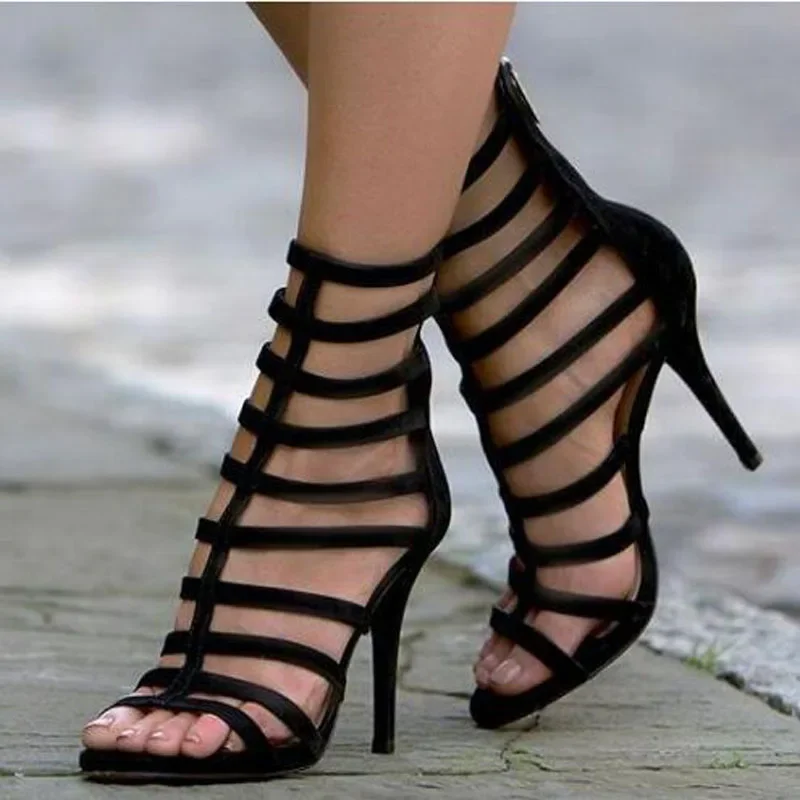 Summer New Woman Black Suede Concise Hollow Cuts Out Open Toe Cover Heel Zipper Back Thin Heels Sandals Banquet Dress Shoes Lady