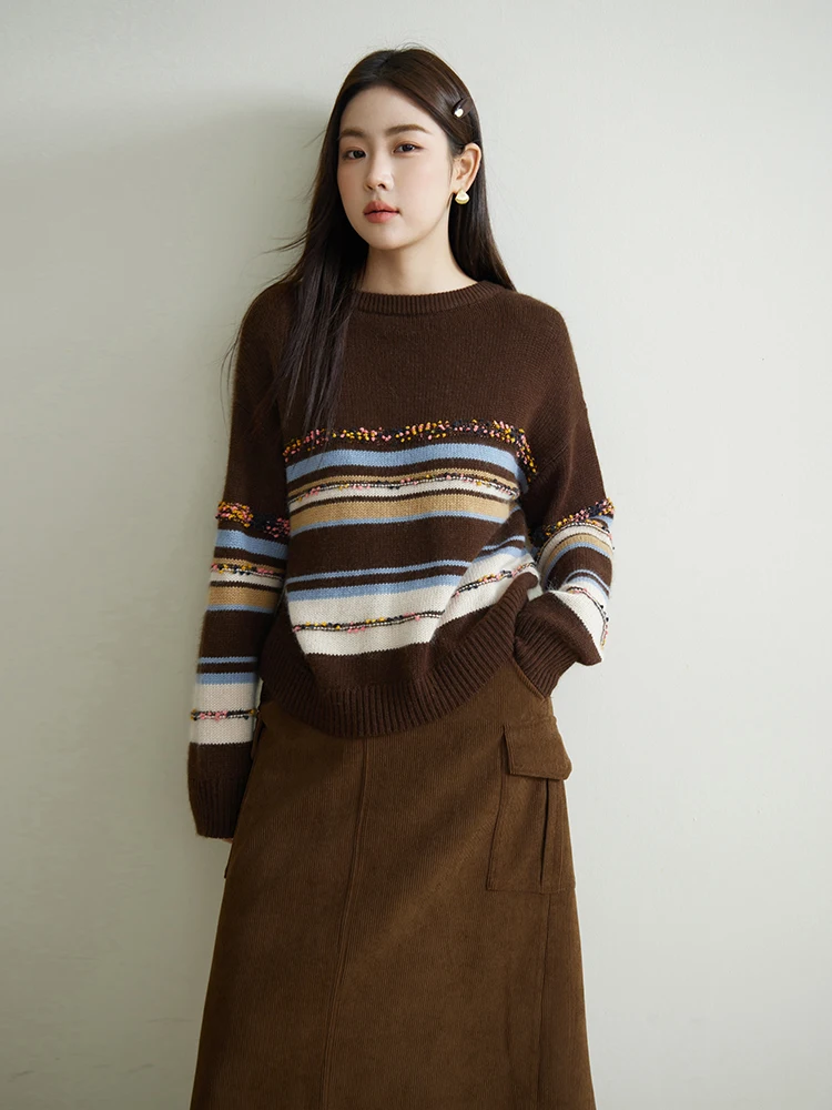 DUSHU Round Neck Retro Casual Brown Drop Sleeve Sweaters Multicolor Stripe Design Loose Warm Pullovers Short Sweater