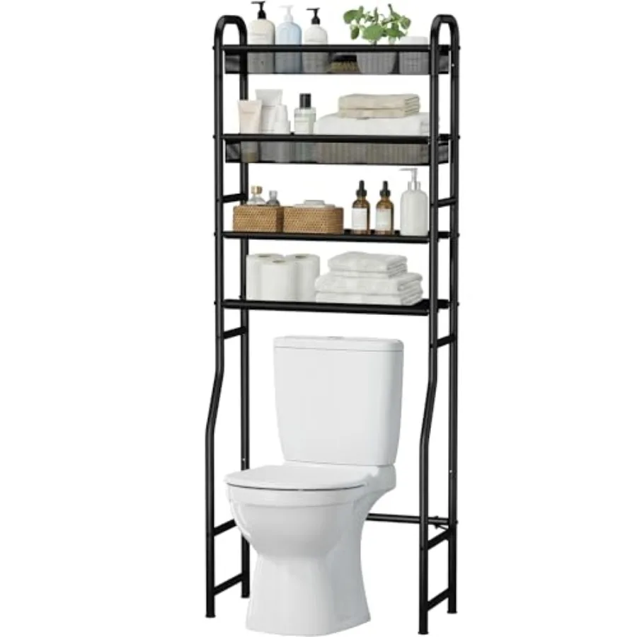 

4-Tier Over The Toilet Storage Shelf and Rack Above Toilet Organizer with Metal Frame and Vinyl Mesh, Space-Saving Unit for Bat
