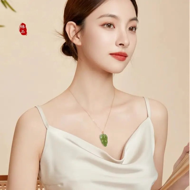 Natural Hetian Jade Leaf Pendant Necklace with 18K Real Gold Clasp Gold Plated Silver Chain Women Neck Accessories Gifts