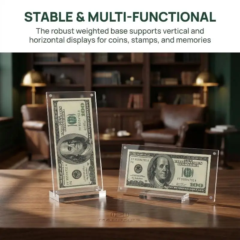 Magnetic Acrylic Dollar Bill Picture Frame Secure Holder with Polished Display Stand for Coins and Currency Collection