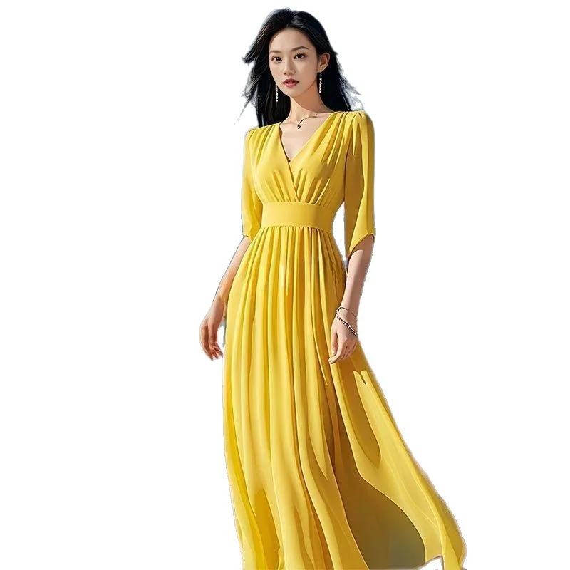 

Women's Bohemian Swing Dress Yellow V-Neck Medium Sleeve Long Beach Dress Summer High-End French Style Female Vestidos