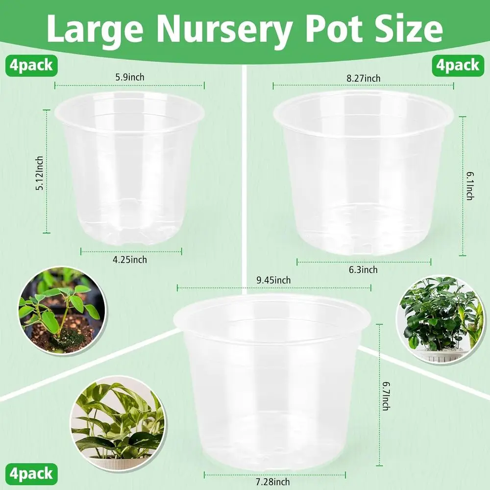 12-Pack Clear Nursery Pots with Drainage, 6, 8, and 10 Inch Sizes, Ideal for Seedlings, Plants, Orchids, Indoor and Outdoor Use