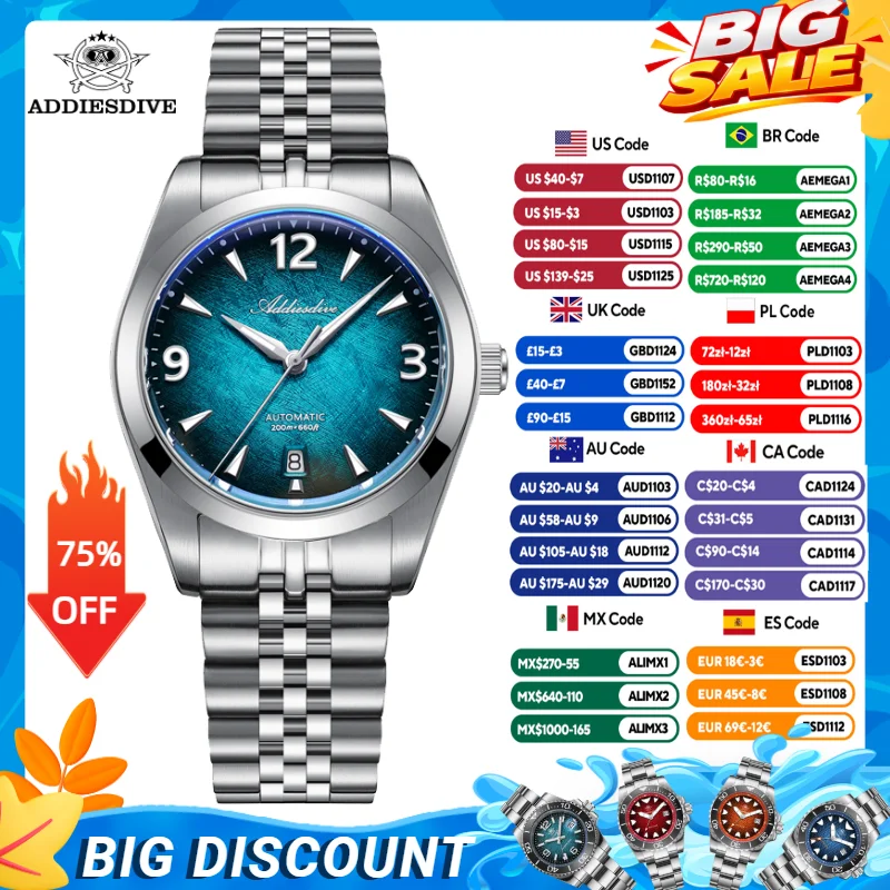 ADDIESDIVE New 39mm Men Automatic Watch Sapphire Gradient Dial 8215 Mechanical Wristwatch 200m Waterproof Luminous Watch AD2560