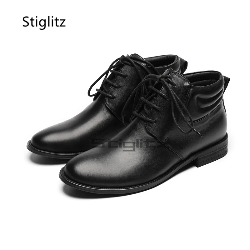 

Classic Genuine Leather Men's Boots Round Toe Lace Up High Top Ankle Boots for Men Concise Black Wine Red Male Work Shoes