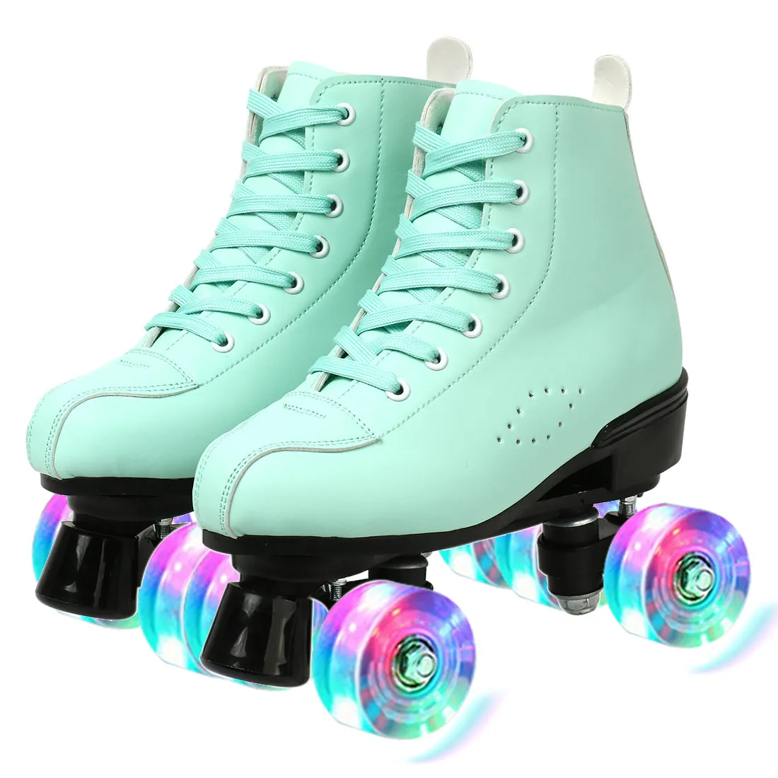 PU Leather Roller Skates Double Row Shoes Women Men Adult Two Line Skating Shoes with 4 Wheels Training Sneakers Purple Green