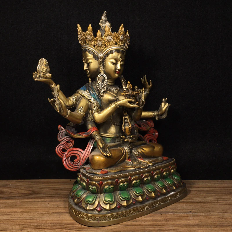 Antiques Antique Collection Tantra Tibetan Tibetan Buddha Pure Copper Painted Three Heads and Eight Arms Guanyin Bodhisattva Bro