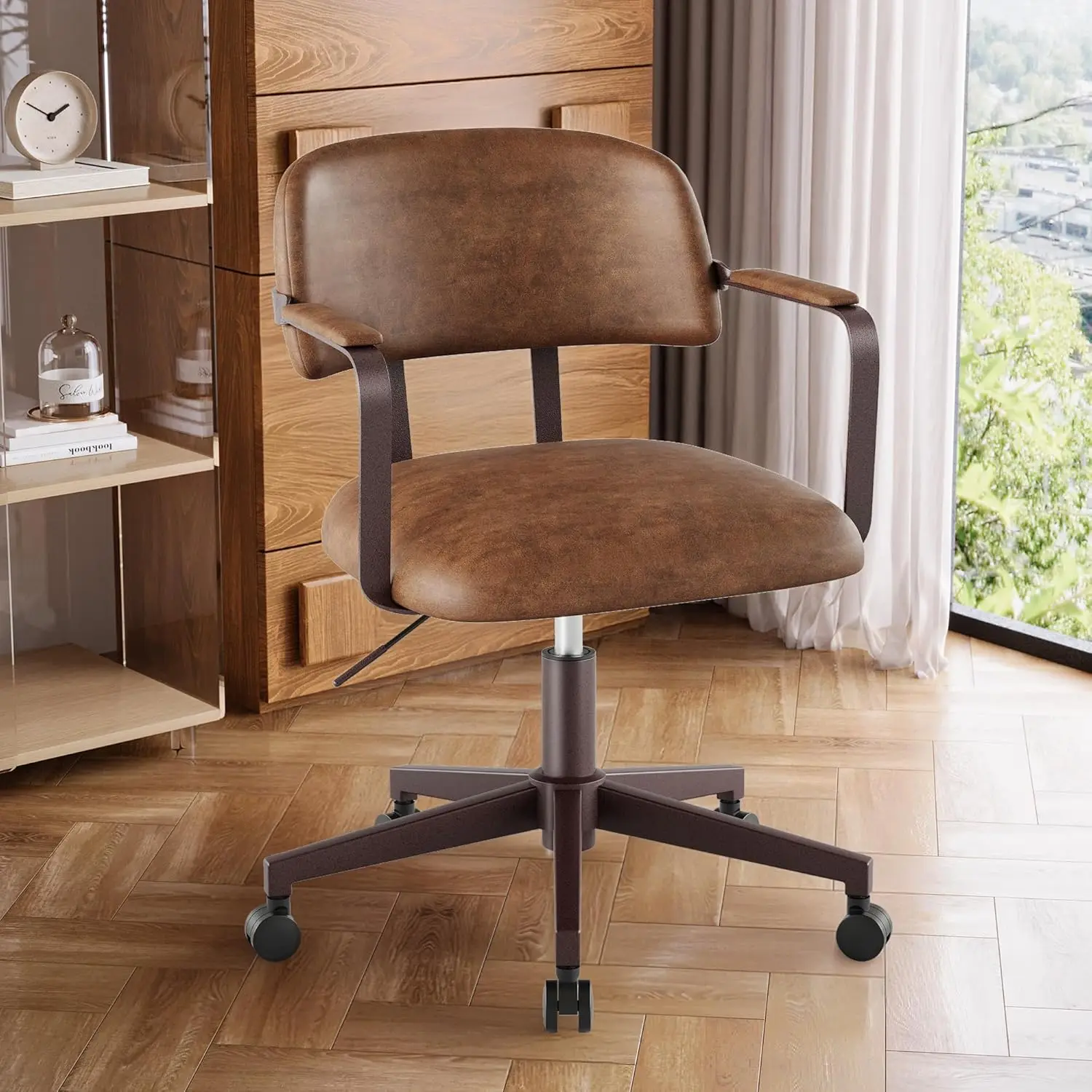 

Офисное кресло в стиле Mid-Century Modern из искусственной кожи с мягкими подлокотниками, регулировкой высоты и поворотом на 360° ° Поворотные бесшумные колеса коричневого цвета, на заказ