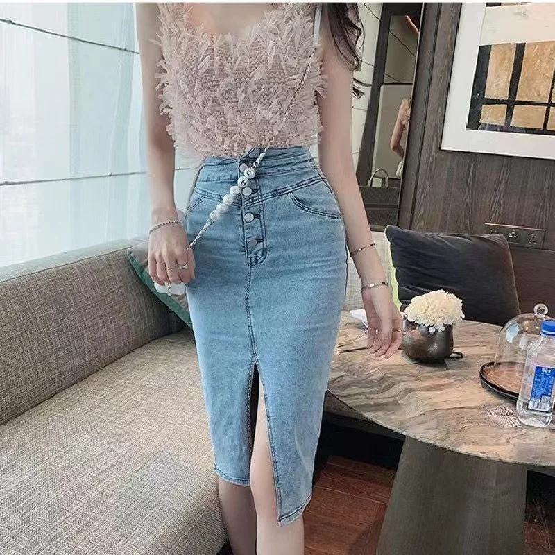 Y2k gonne donna Sexy Stretch Split Blue Jeans gonna Slim Demin gonne autunno estate Vintage coreano a vita alta Faldas Mujer Moda