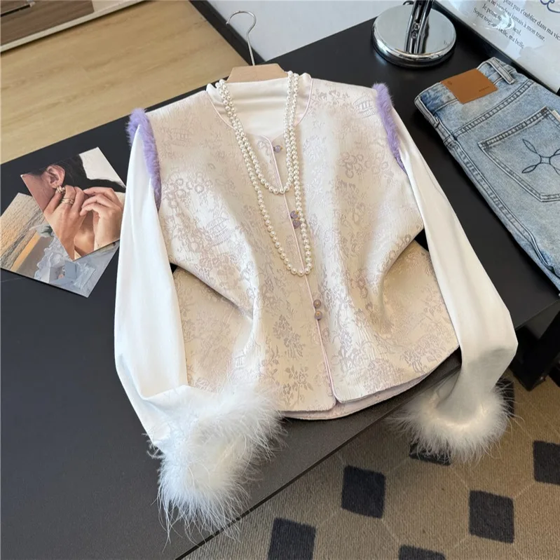 

Корейский комплект из двух предметов: хлопковый жилет и топ для полных женщин, новый осенне-зимний стиль в китайском стиле, для повседневной носки