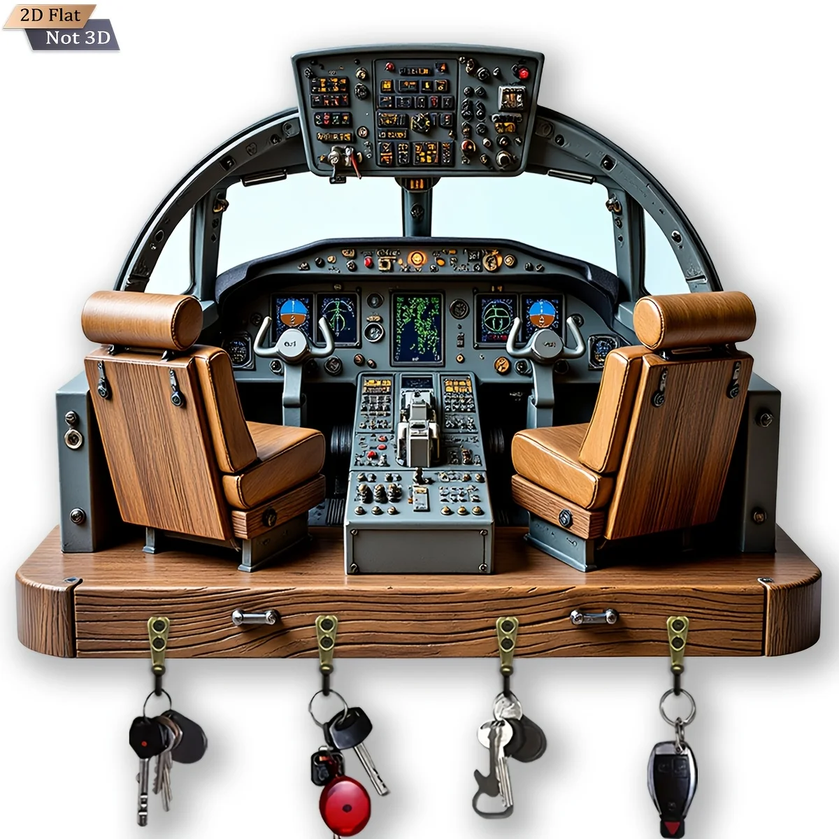 2D Flat, 1pc, Airplane Cockpit Theme Style Key Hook Wooden Multifunctional Home Key Holder with Four Metal Hooks, Wall