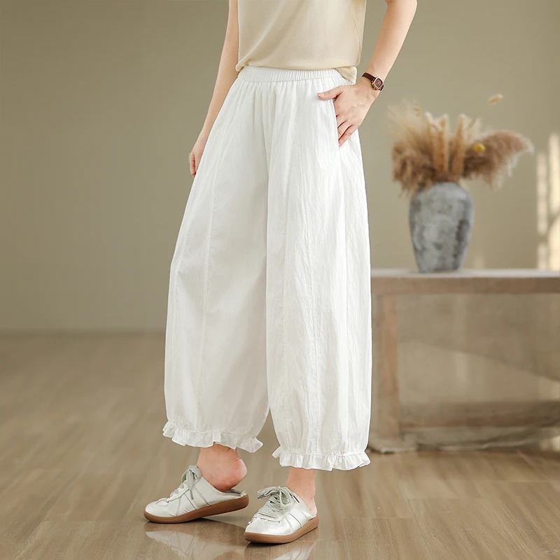 الصيف المرأة كشكش هيم مرونة الخصر Dstring فانوس زهرة السراويل واسعة الساق تسع نقاط بناطيل كاجوال فضفاضة تناسب رقيقة #4