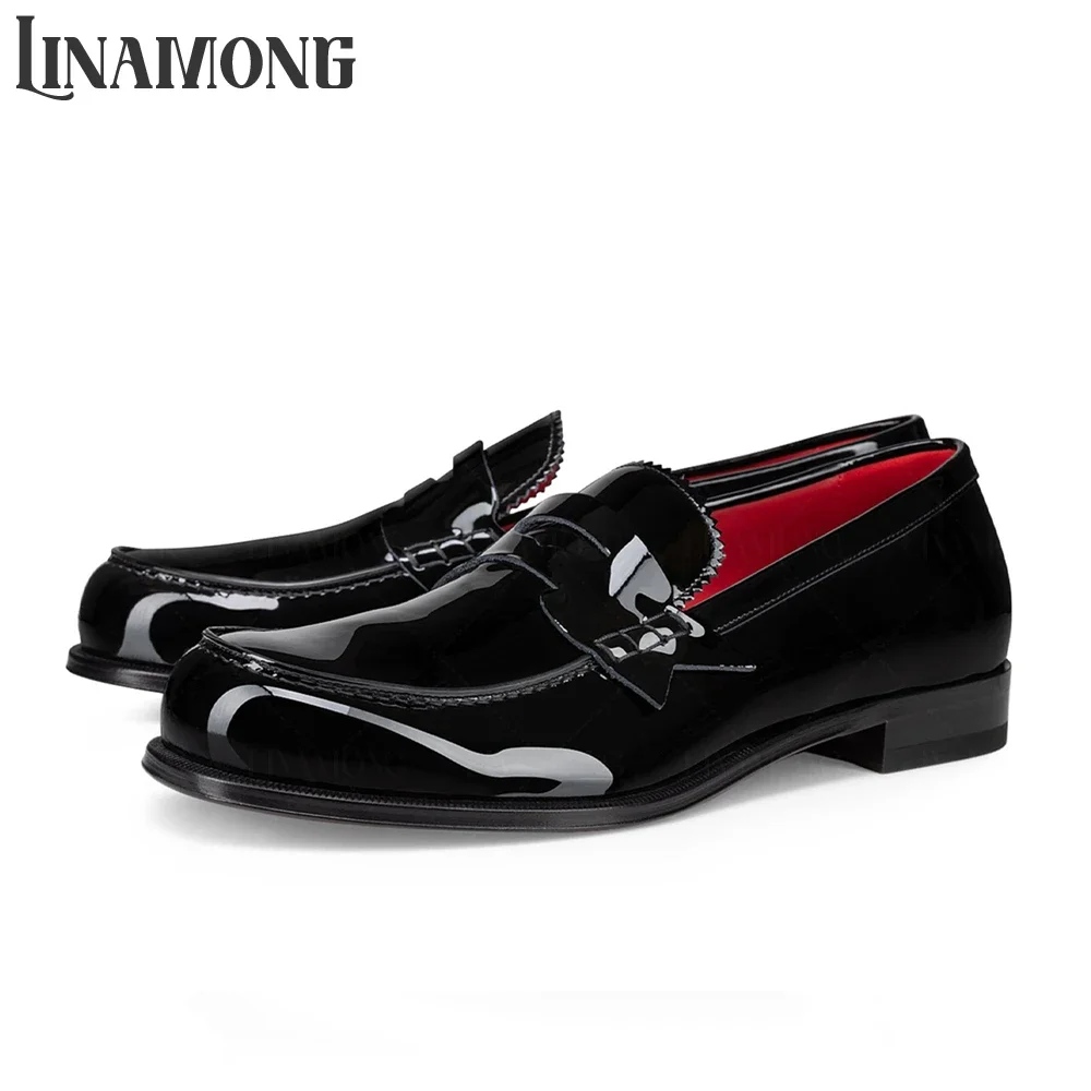 Black Patent Leather Loafers For Men Top-Stitching Black Loafers Banquets Shoes Soft Genuine Leather Slip On Shoes for Wedding